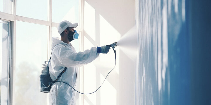 A builder in a protective suit and a respirator spray paints the walls. A male worker paints the walls in a new house with white spray paint. Construction and renovation concept