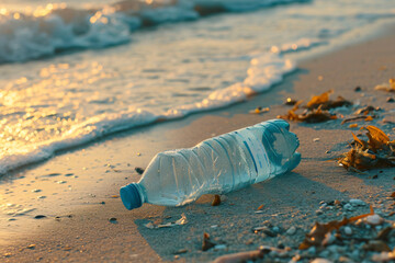 Obraz premium A plastic bottle on the coastline, pollution in the environment,Contaminated sea