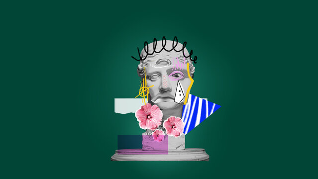 Sadness. Antique statue bust, plaster sculpture with doodles and photo elements on dark green background. Contemporary art collage. Concept of postmodernism, creativity and surrealism. Poster, ad
