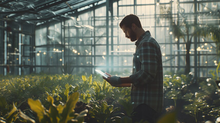 Agricultural expert using advanced hologram tablet in modern greenhouse