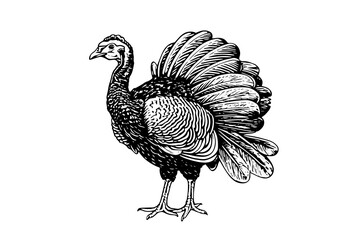 Black turkey engraved in retro style on white background. Hand drawn ink sketch. - obrazy, fototapety, plakaty