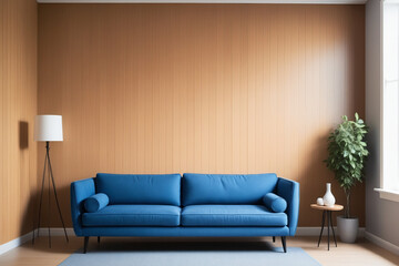 Blue sofa against paneling wall. Minimalist loft home interior design of modern living room