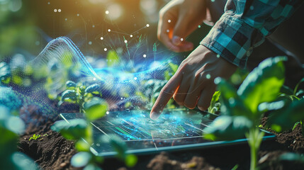 Expert in greenhouse evaluates plants using cutting-edge holographic tablet - obrazy, fototapety, plakaty