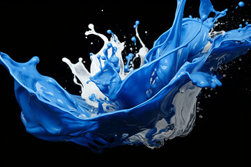 Splash of blue and white paint on black background