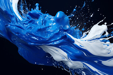 Splash of blue and white paint on black background
