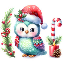 watercolor cute Christmas owl clipart illustration isolated on a white background