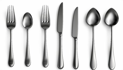 Realistic cutlery. 3D forks and knives or spoons. Isolated metal objects for table setting on white background, 3d realistic cutlery set with table knife, spoon, fork, tea spoon and fish spoon.