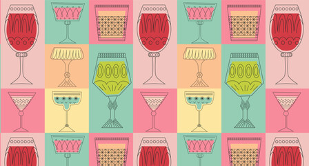 Geometric seamless pattern with alcoholic cocktails in glasses of different shapes. Drinks in different types of vintage glasses. Modern design for greeting cards, posters, wrapping, pack paper. - obrazy, fototapety, plakaty