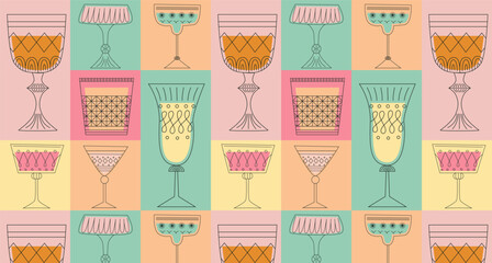 Geometric seamless pattern with alcoholic cocktails in glasses of different shapes. Drinks in different types of vintage glasses. Modern design for greeting cards, posters, wrapping, pack paper.