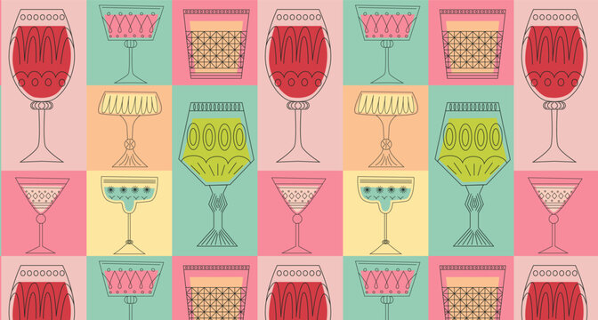 Geometric seamless pattern with alcoholic cocktails in glasses of different shapes. Drinks in different types of vintage glasses. Modern design for greeting cards, posters, wrapping, pack paper.