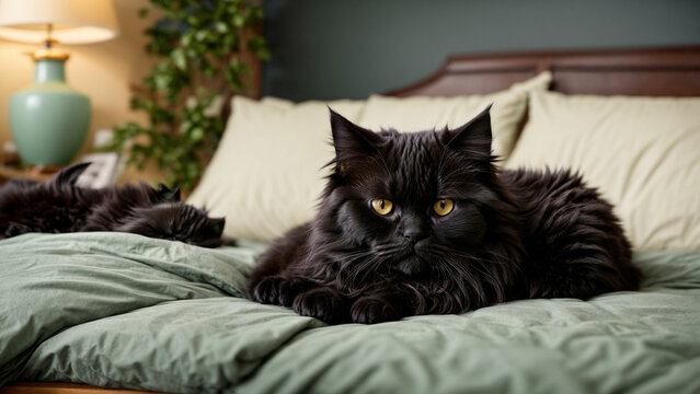 photos capturing different angles and moments of a Black Persian Cat's cozy nap on a bed with a solid color background
