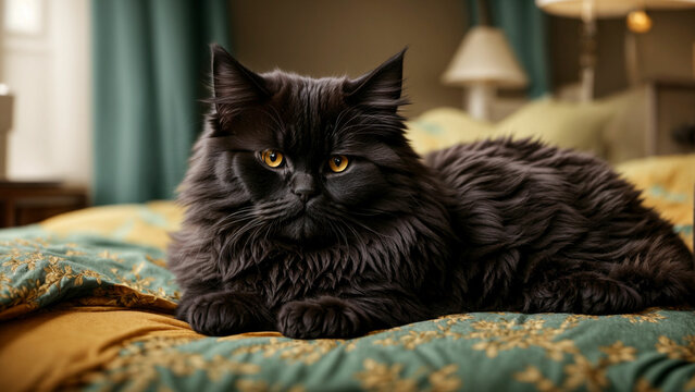 photos capturing different angles and moments of a Black Persian Cat's cozy nap on a bed with a solid color background