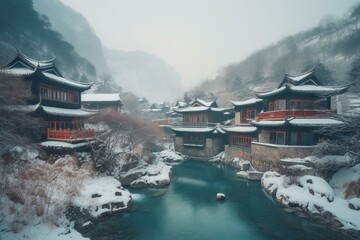 Scenic wintery Chinese village with river. Generative AI - obrazy, fototapety, plakaty