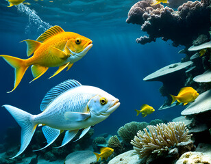 Naklejka na ściany i meble Coral reef and fish in the sea