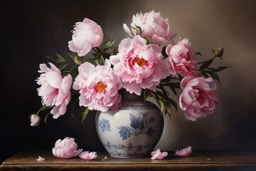 Oil painting of pink peony flowers in a white vase. Generative AI