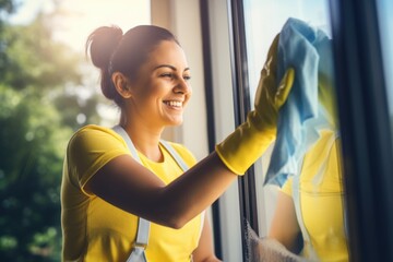 Cleaning Professional: A cheerful female worker, donned in uniform and gloves, wipes windows with a viscose rag in a sleek modern home. Generated AI - obrazy, fototapety, plakaty