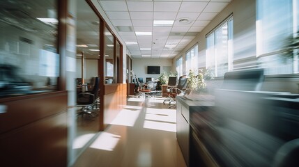 Blurred Office Space in the Heart of the City: Energetic Corporate Atmosphere with Dynamic Workday Motion