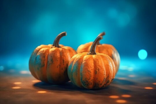 Rendered pumpkins with blurred trees on blue and orange background. Generative AI
