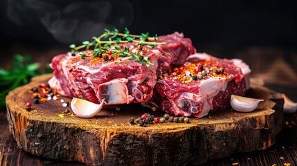Closeup view of raw beef neck with thyme, garlic and spice on wooden stump  - obrazy, fototapety, plakaty