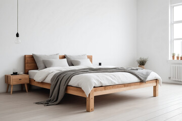 Rustic wooden bed against empty white wall with copy space. Scandinavian loft interior design of modern bedroom
