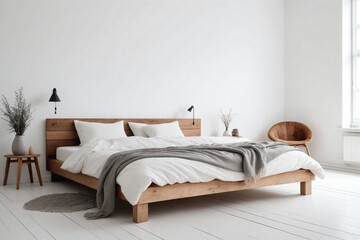 Fototapeta na wymiar Rustic wooden bed against empty white wall with copy space. Scandinavian loft interior design of modern bedroom