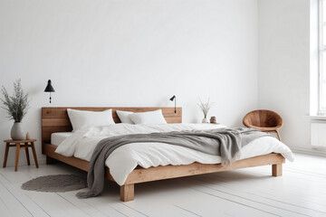 Rustic wooden bed against empty white wall with copy space. Scandinavian loft interior design of modern bedroom