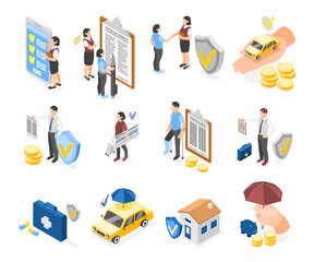 Isometric insurance original elements collection with people and finance icon