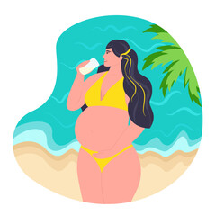 A young sexy pregnant woman in a swimsuit drinks water from a glass on the seashore. Healthy lifestyle concept. Sea background with light waves and sand. Palm. Vector illustration