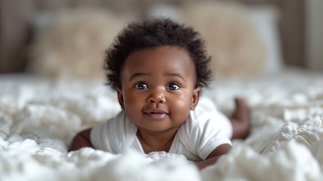 Childcare Concept. Portrait of cute little African American baby wearing bodysuit lying on white beed sheets at home. Black infant child crawling on bed in the bedroom.