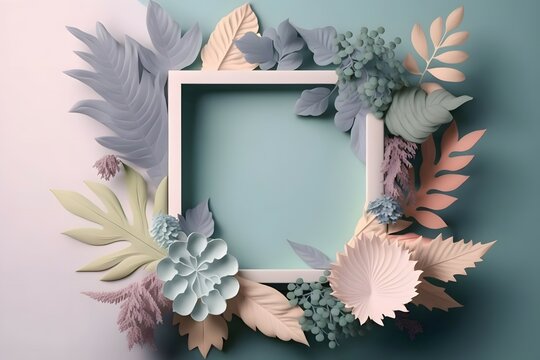 modern frontal photo of empty product presentation square frame light, pastel colors, floral background leaves