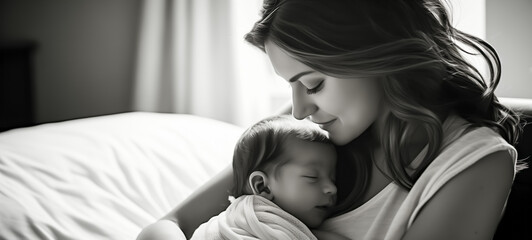 Tender moment between mother and newborn in black and white