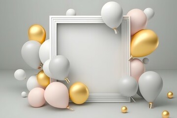modern frontal photo of empty blank white square frame light, pastel colors, golden and white birthday balloons background