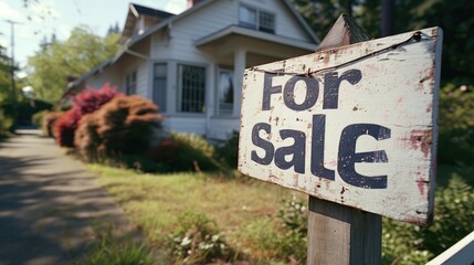 Fototapeta premium Large suburban old house with for sale sign wooden board in the yard. House for sale.