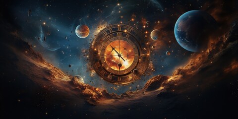 Fiery clock face in outer space among the planets. - obrazy, fototapety, plakaty
