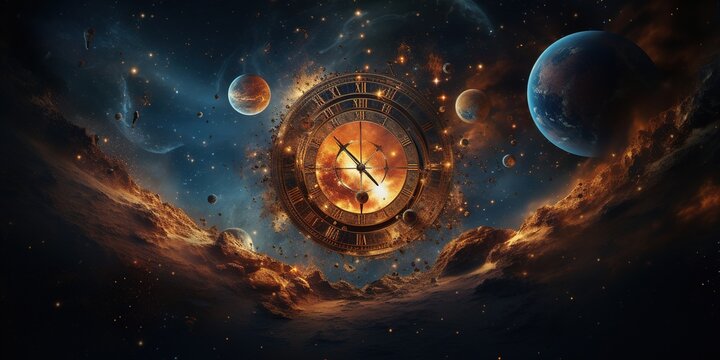 Fiery clock face in outer space among the planets.