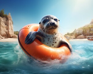 Seal in a lifebuoy on the beach - ai generated - obrazy, fototapety, plakaty