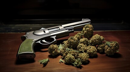 Marijuana hemp  of cannabis and a gun on a table. - obrazy, fototapety, plakaty