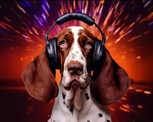 dog with headphones listens to music
