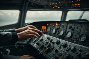 Fototapeta premium Close-up of a man's hand on the dashboard in the airplane pilot's office.