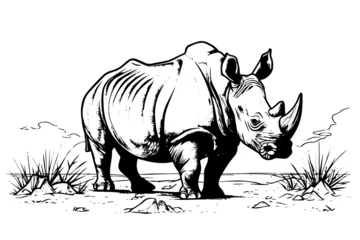  Rhinoceros in desert. Engraved lined style with bold lines. Black and white colors. © Artem