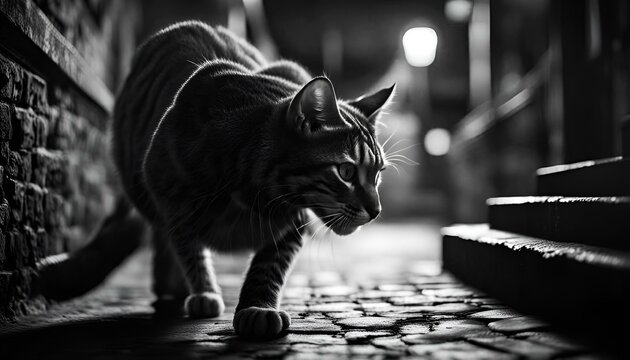 AI generated illustration of a black cat walking near a staircase illuminated by a light at night