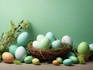 Fototapeta na wymiar easter eggs in a basket on a green background