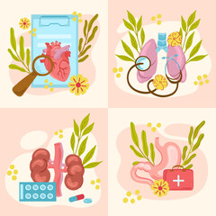Hand drawn flat human organ illustration set with medical elements and leaves