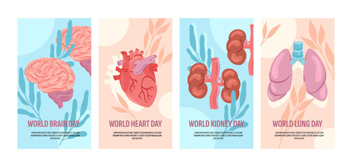Hand drawn flat human organ vertical cards collection with leaves