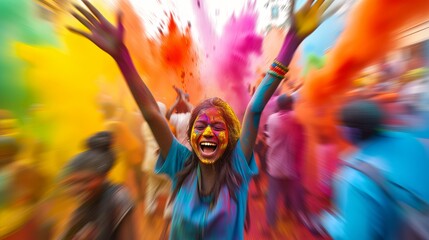 Happy person celebrating at holi color festival. Blur motion effect - obrazy, fototapety, plakaty