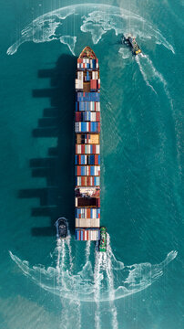 Aerial view container cargo ship maritime freight shipping by container cargo ship, Global business import export commercial trade logistic container cargo ship freight shipping.