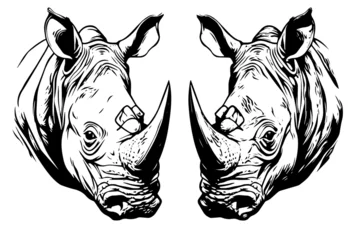 Foto op Plexiglas Rhino mascot head's hand drawn ink logotype. Engraved style sketch. Vector illustration. © Artem