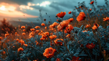 Wild poppies in a meadow at sunset. Soft focus.