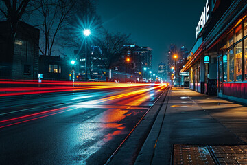 City street at night with light trails and modern buildings in the background
