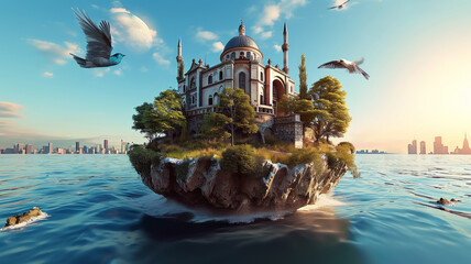 Fantasy island with a mosque on the water. - obrazy, fototapety, plakaty